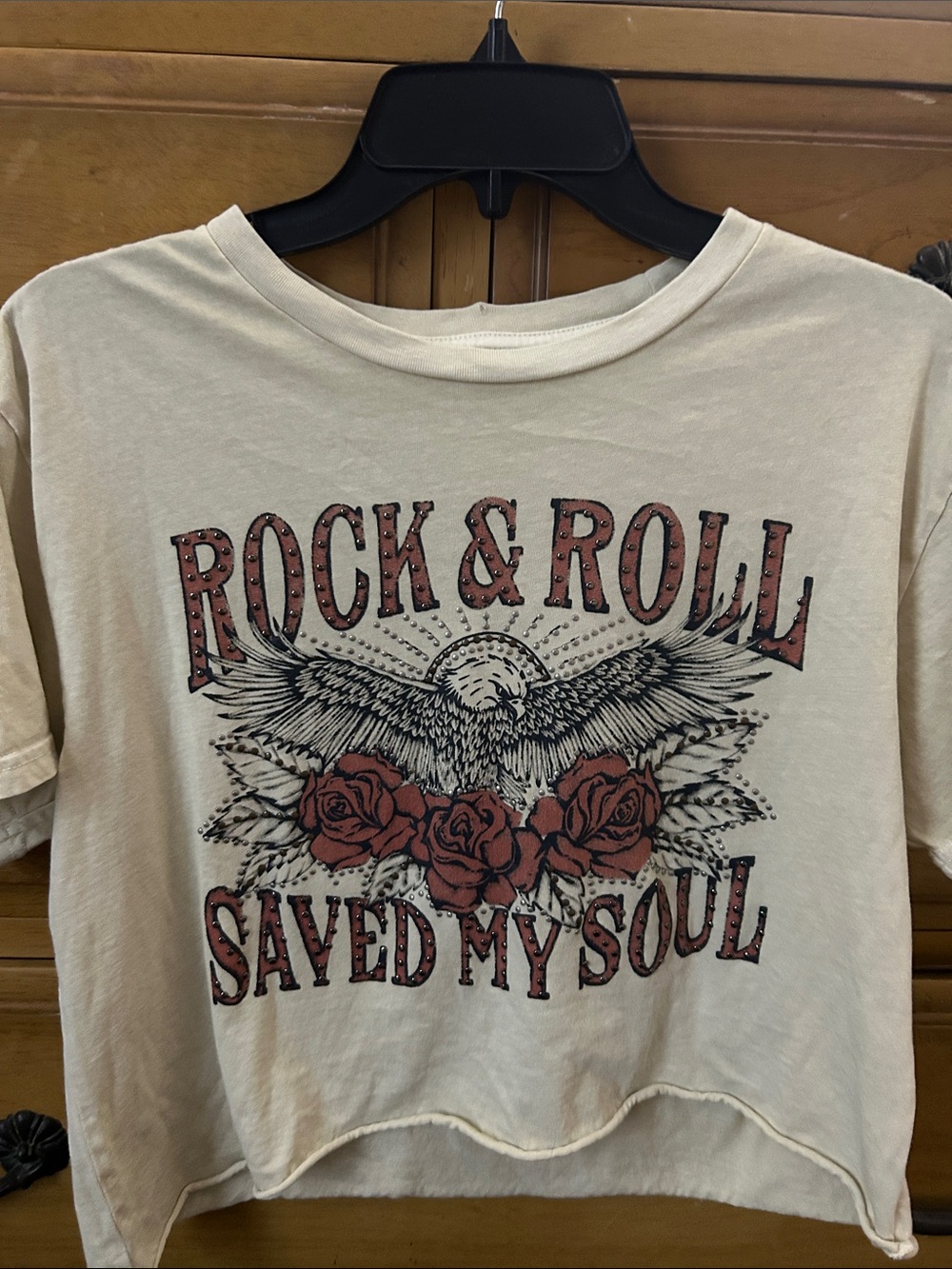 Lucky Brand Cream Crop Tee with Red Rose & Black Eagle Graphic